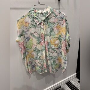 Lightweight Floral Dot Print Button-Up Collared Blouse - White Multicolor